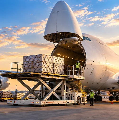 Avión de carga sobre una terminal portuaria